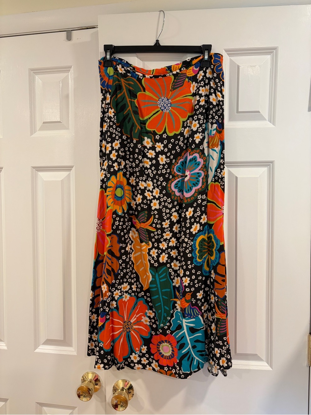 FARM Rio Black Maxi Skirt with Bold Orange & Teal Floral Print